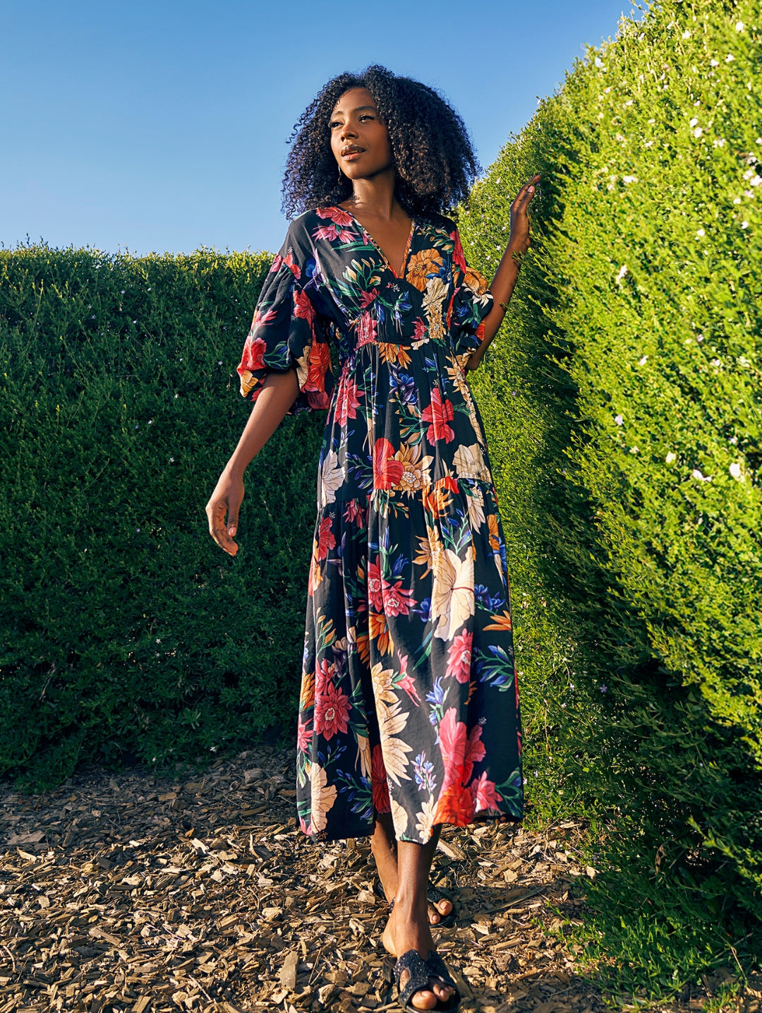Ladies Bubble Sleeve V-Neck Tiered Floral Maxi Dress – Edgars