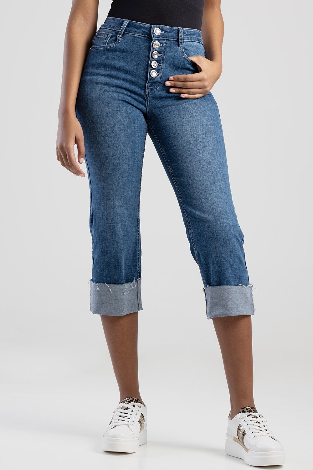 Ladies Ryder High Waist Capri Turn Up Button Detail Jeans Mid