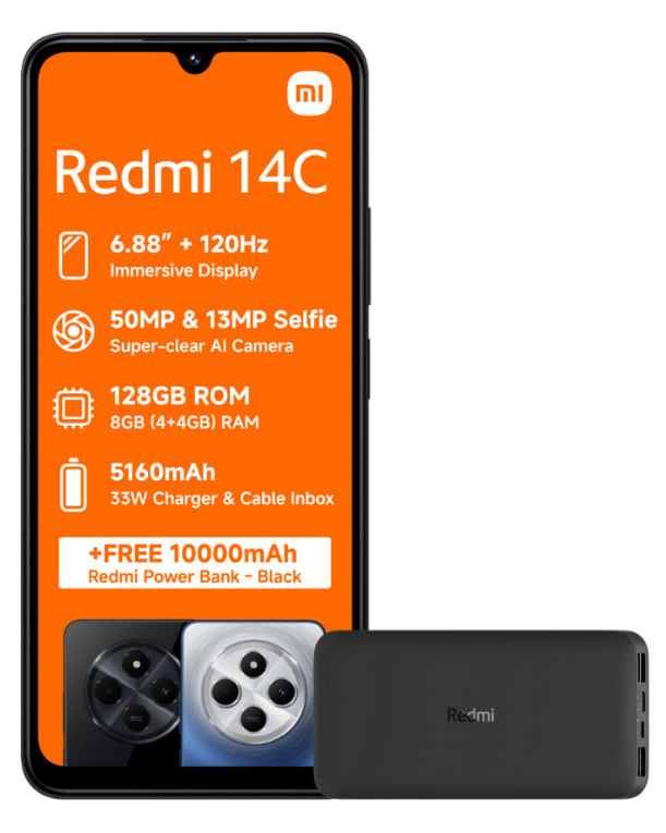Redmi 14C 128GB Dual Sim Black Cellphone + Power Bank – Edgars