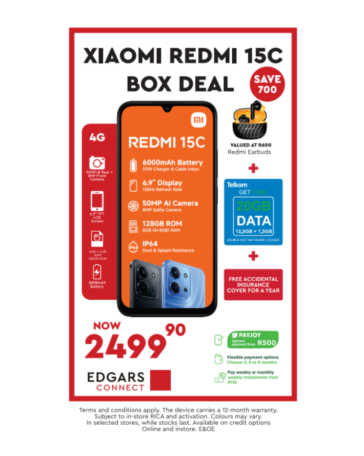 Redmi 15c 128GB 4G Dual Sim Cellphone - Black - Box Deal – Edgars