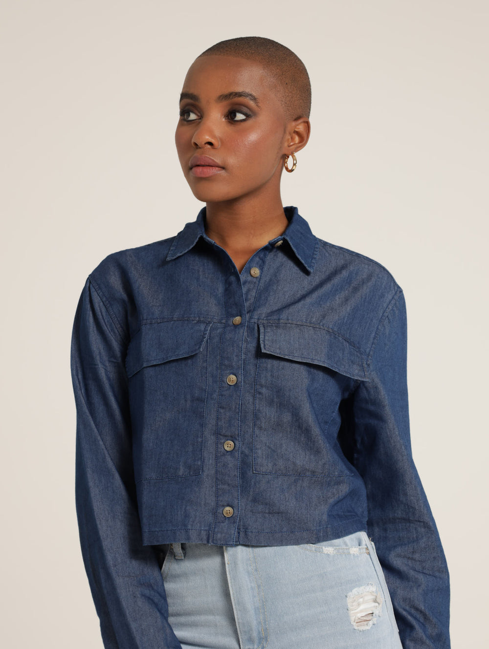 Ladies Long Sleeve Pocket Detail Cropped Denim Shirt – Edgars