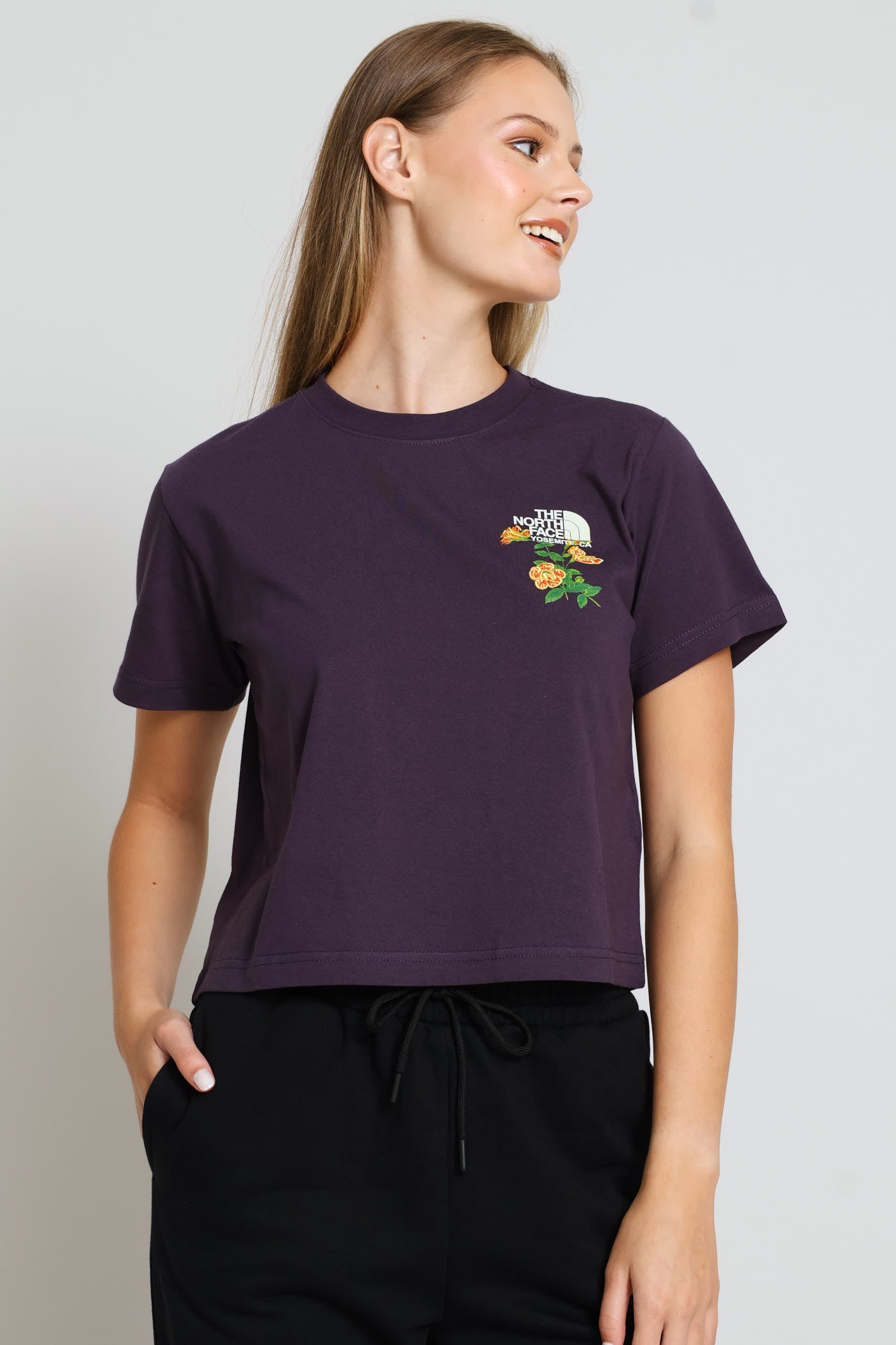 Ladies Flora Embroidered Graphic Regular Short Sleeve Tee - Purple