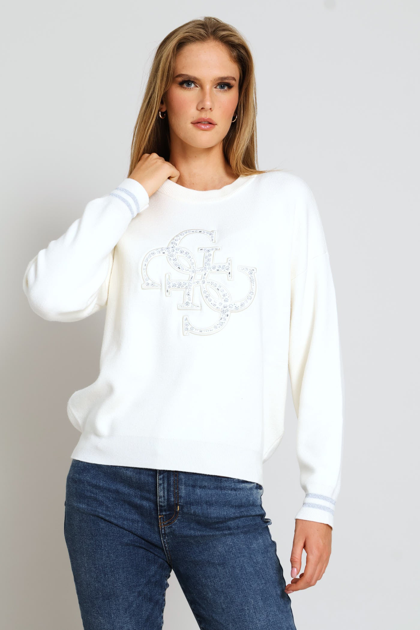 Ladies Long Sleeve Cn Sylvie Logo Sweater - Cream – Edgars