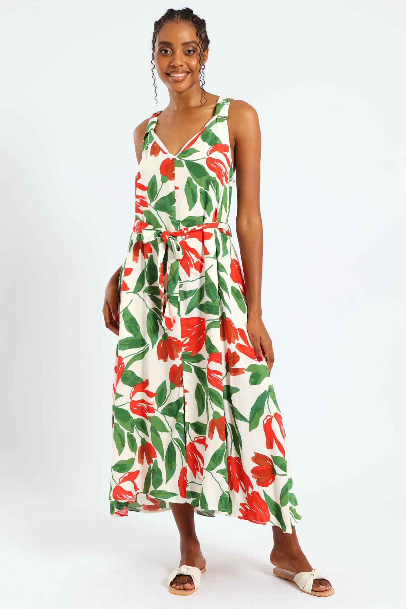 Ladies Sleeveless Wide Strap V-Neck Trapeze Midi Dress - Multi