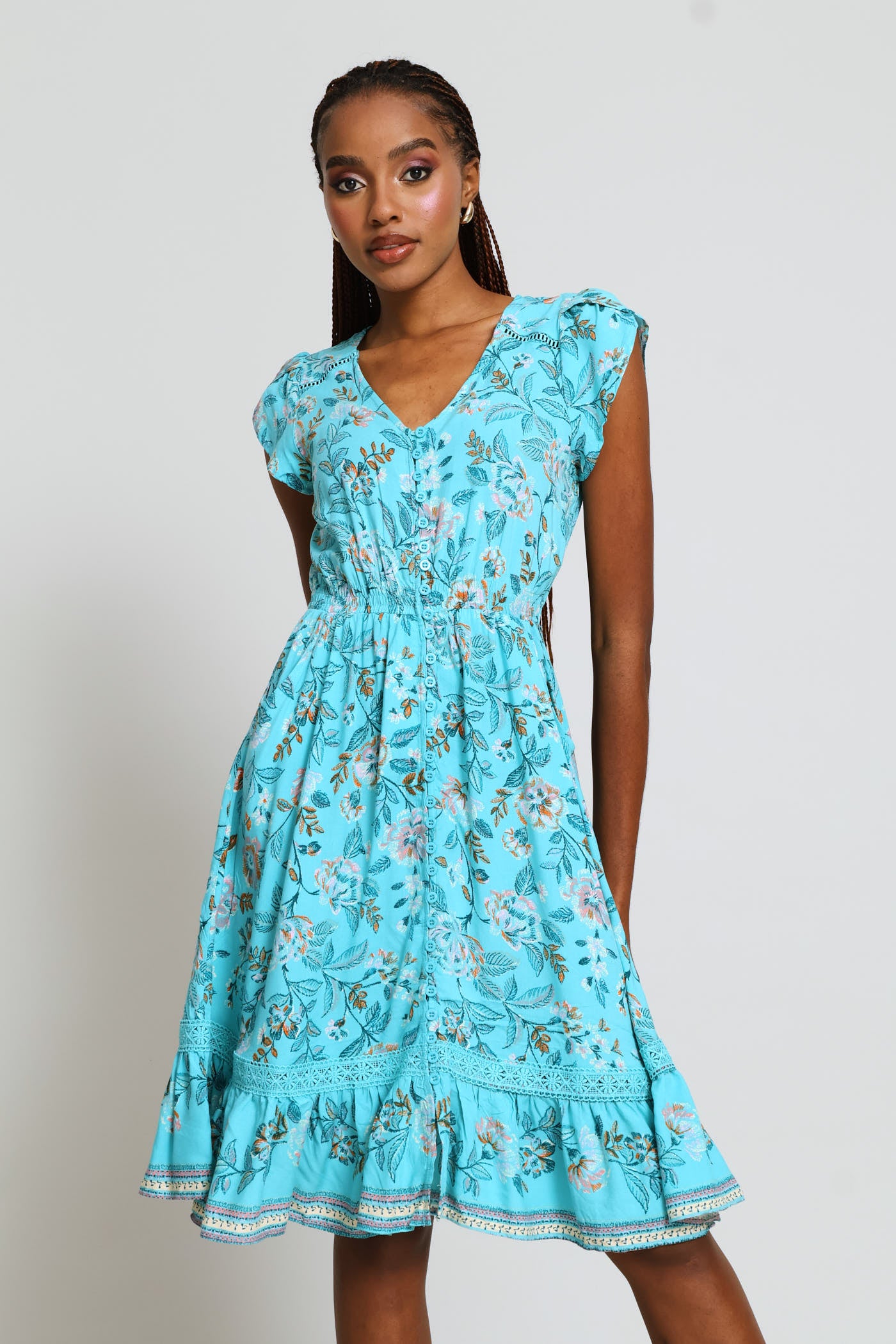 Ladies Cap Sleeve Flutter V-Neck Midi Dress - Turquoise – Edgars