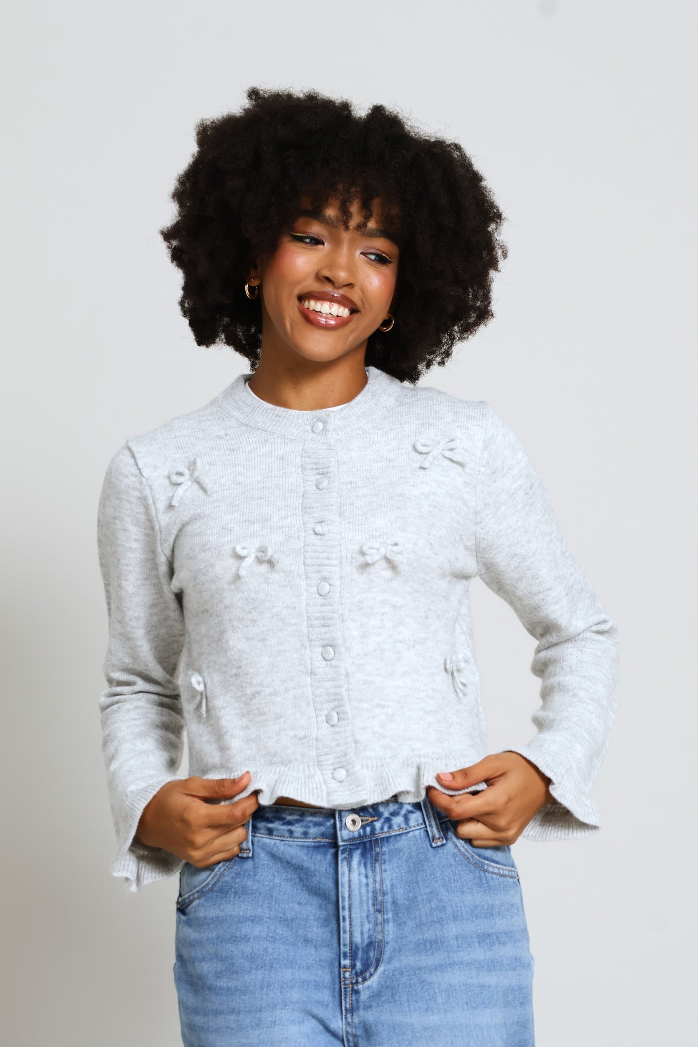 Ladies Frill & 3D Bows Crew Cardigan - Grey – Edgars