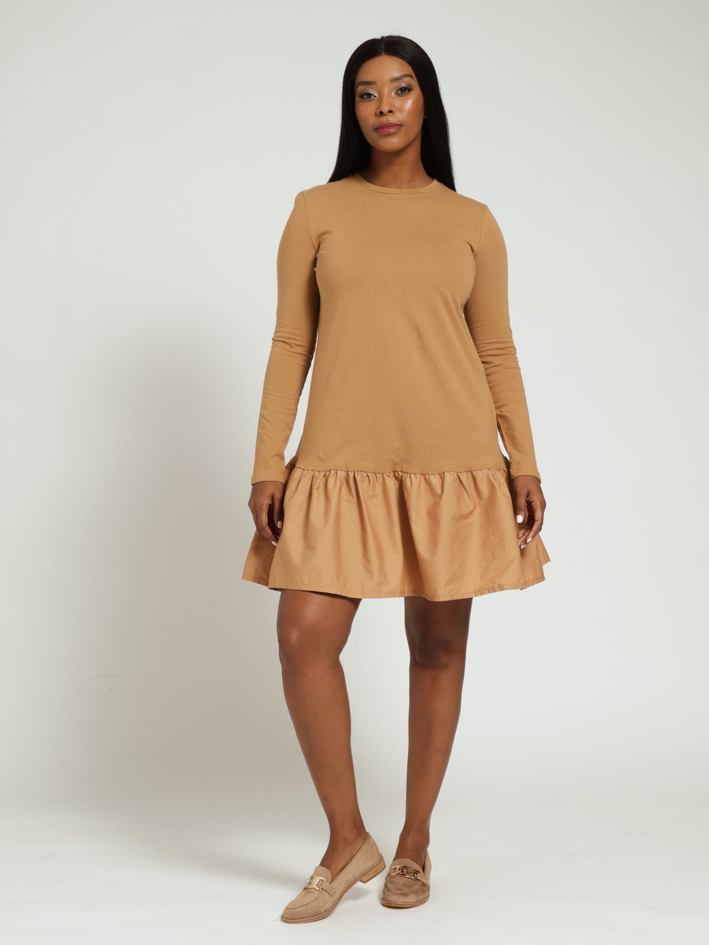 Long Sleeve Drop Hem Combo Mini Dress Brown Edgars