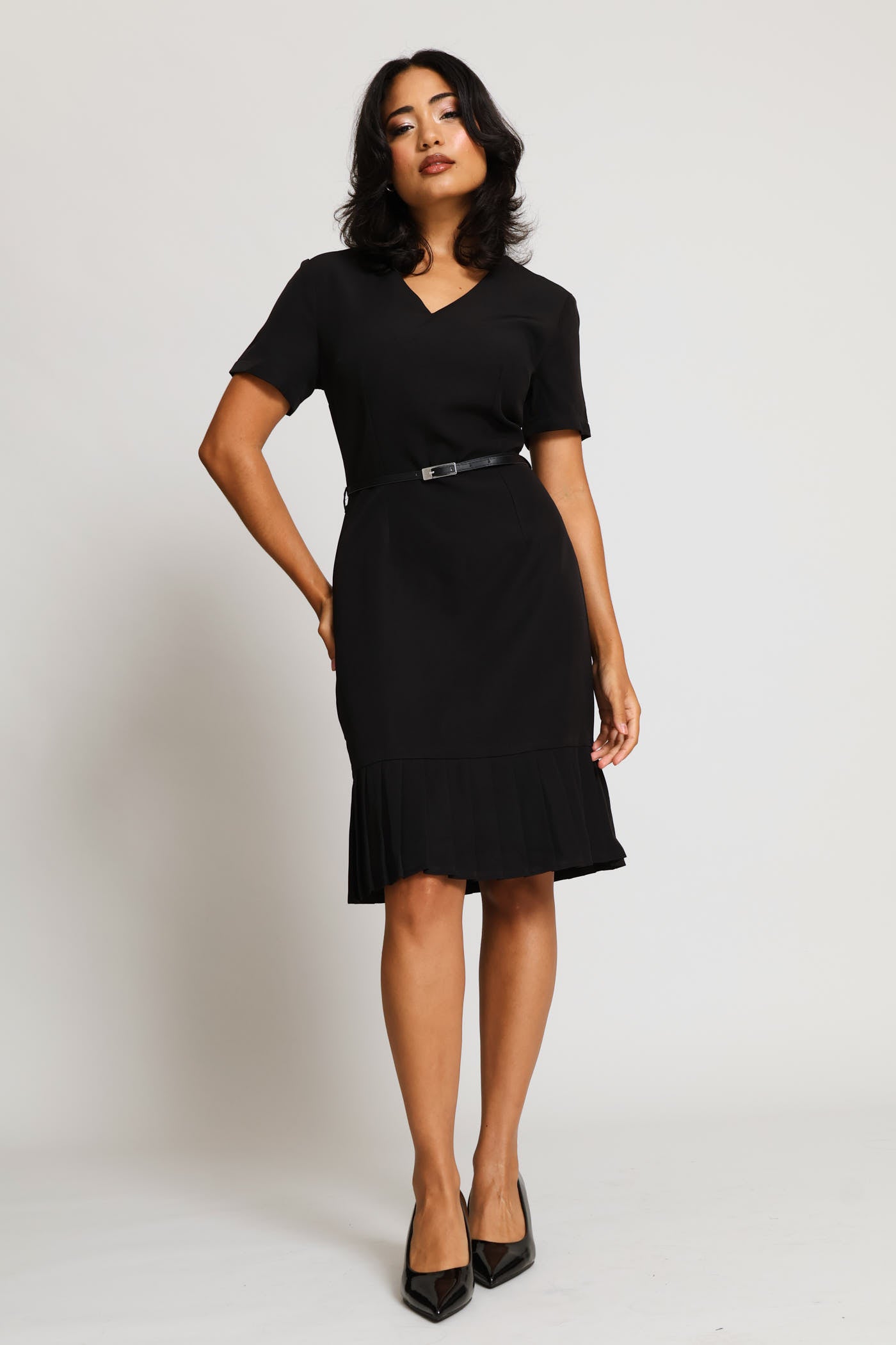Ladies V-Neck Pleated Frill Hem Work Dress - Black – Edgars