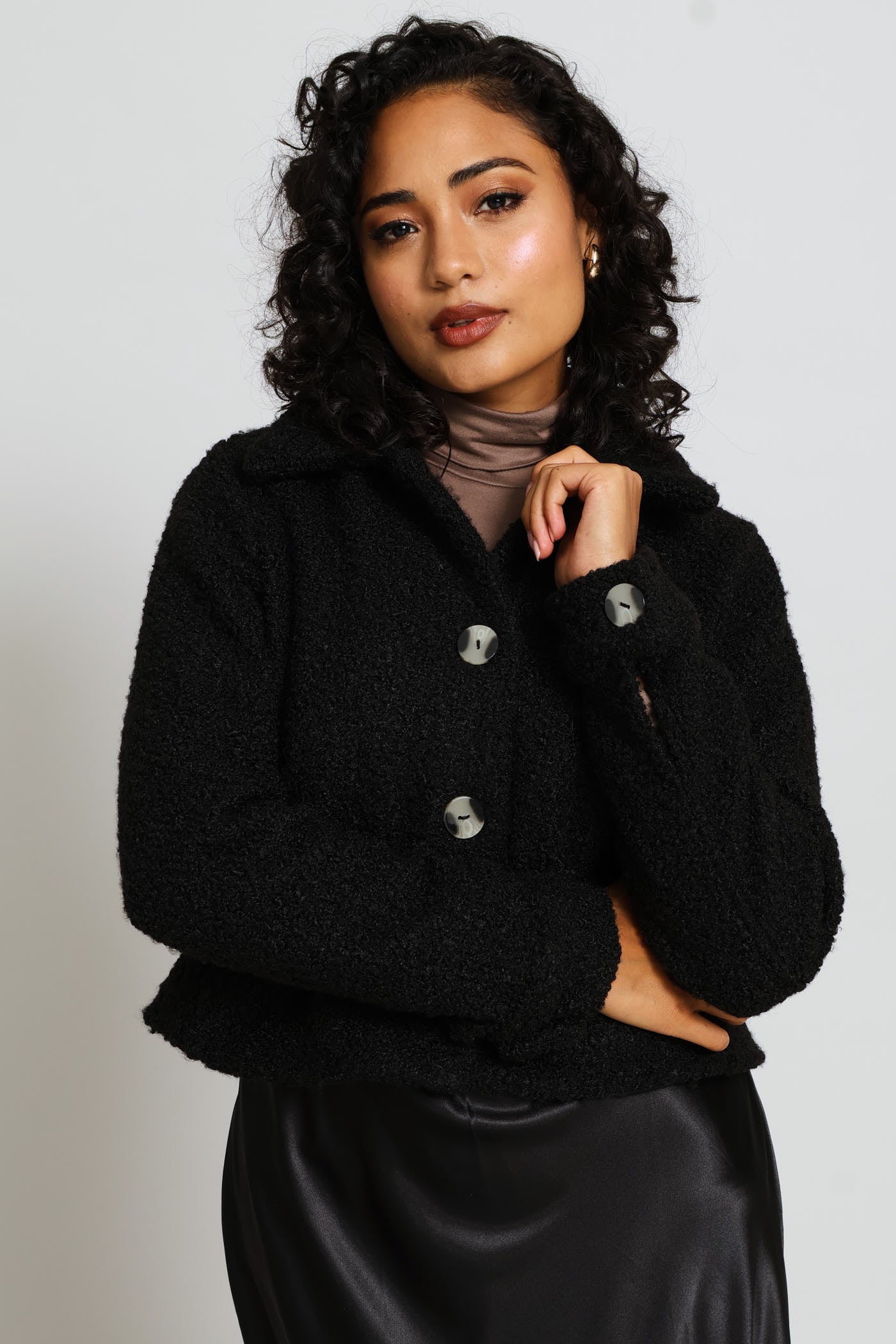 Ladies Button Through Welt Pocket Boucle Trucker Jacket - Black
