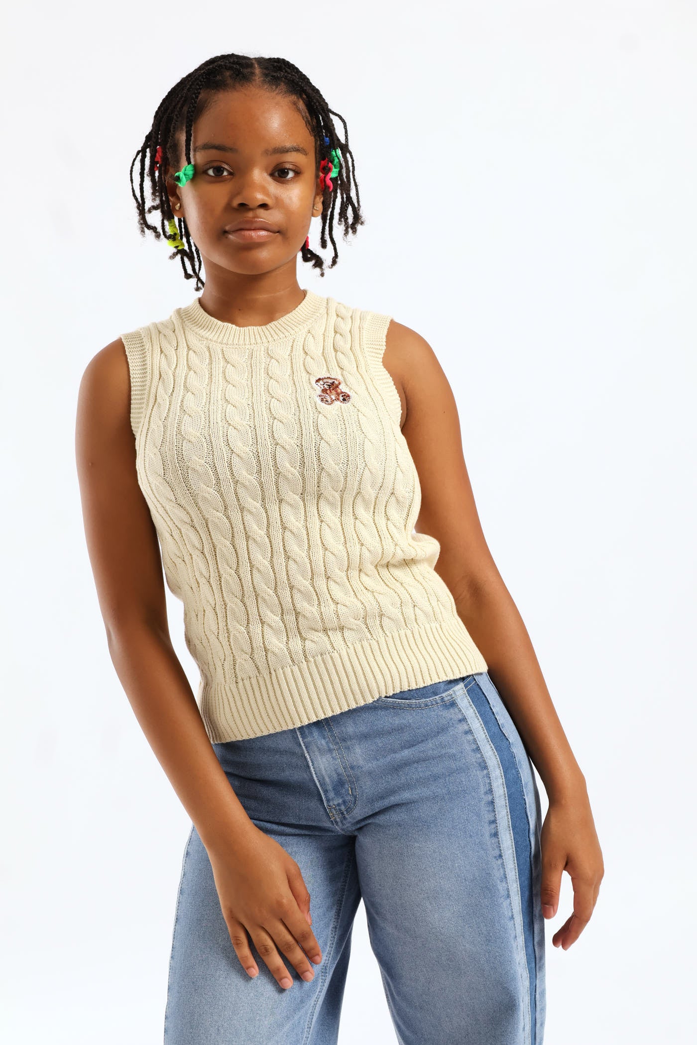 Girls Candy Heart Trim Cable Knitwear Vest - CreamGirls – Edgars