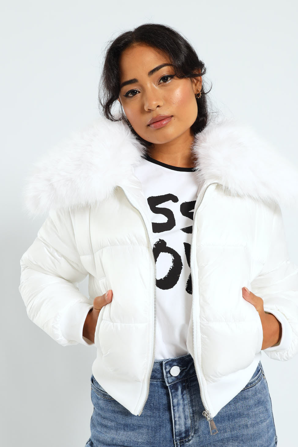 Ladies Roll With It Puffer Jacket With Fur Collar White – Edgars