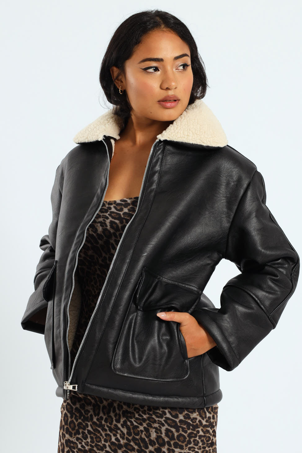 Ladies Utility Pu Sherpa Jacket - Black – Edgars