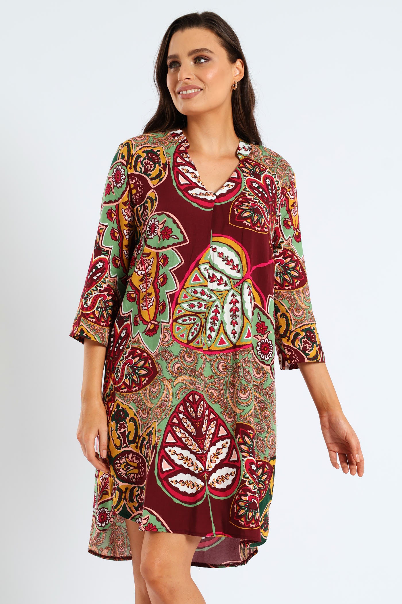 Ladies Mandarin Collar Pleat Front Printed Shift Dress - Multi