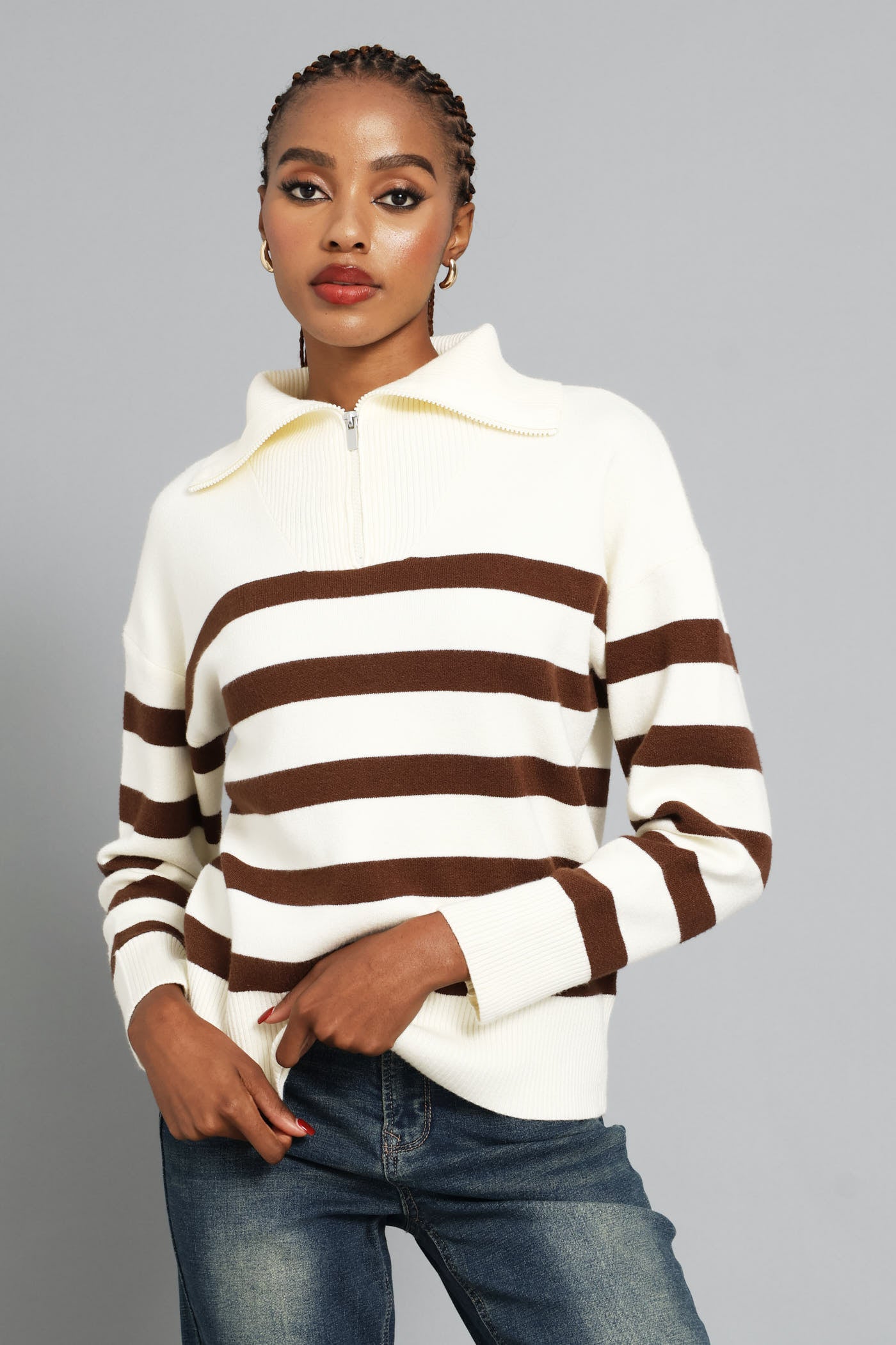 Ladies Quarter Zip Funnel Neck Striped Luxe Pullover - Cream