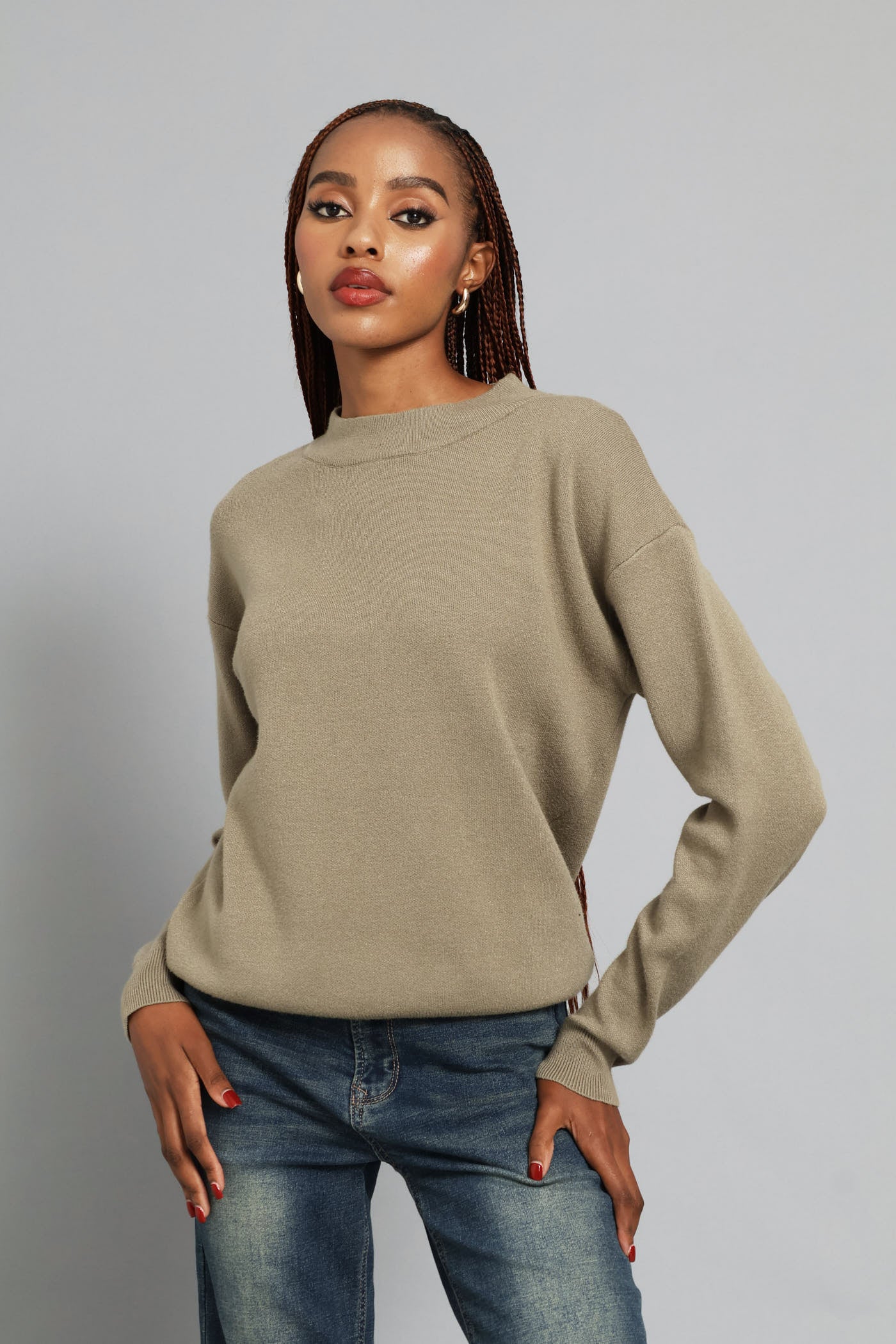 Ladies Luxe Academia Plain Turtleneck Pullover - Light Fatigue