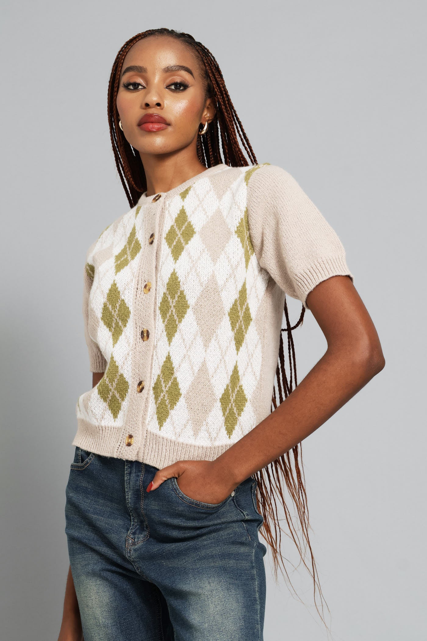 Ladies Argyle Knitwear Button Through Top - Oatmeal – Edgars
