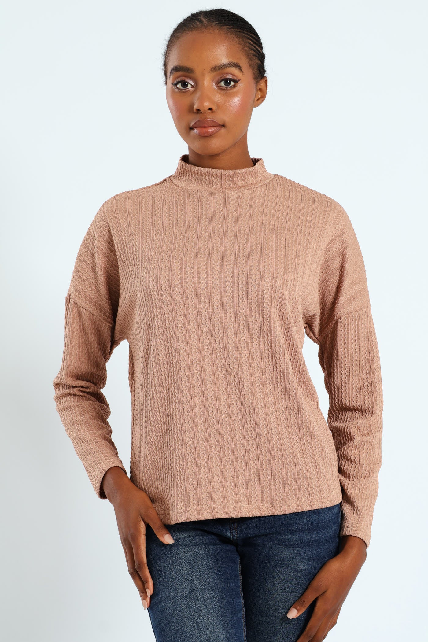 Brown Turtle Neck Tshirts For Women WOMEN'S RIBBED HIGH NECK LONG