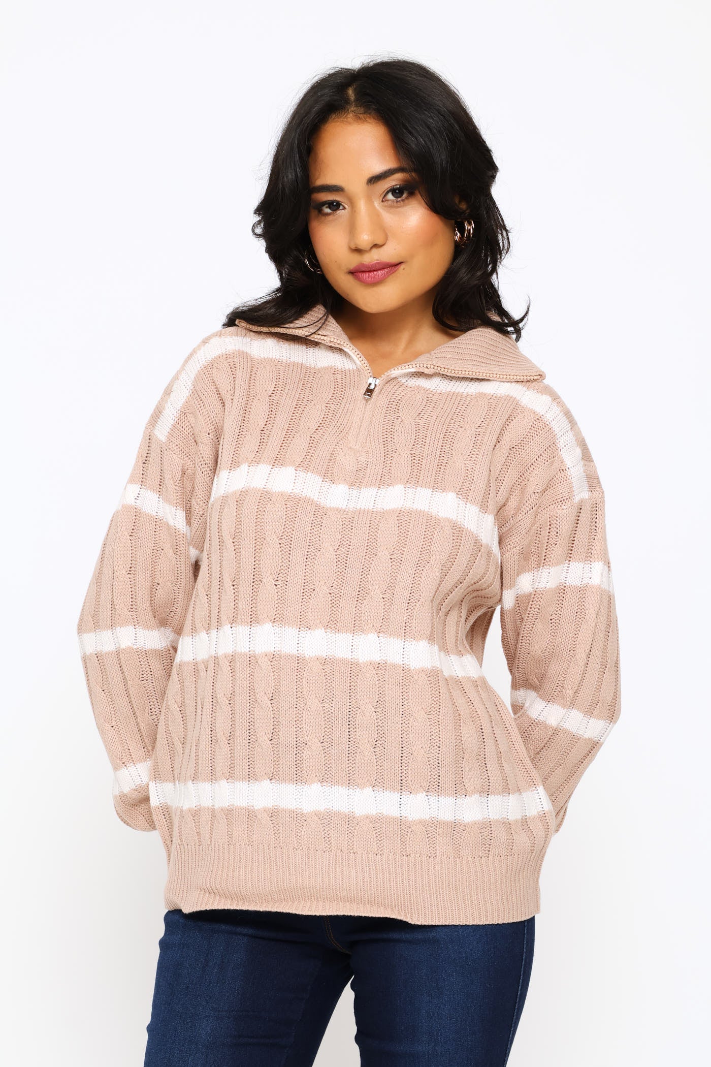 Ladies Quater Zip Funnel Neck Cable Knitwear - Stone/White – Edgars