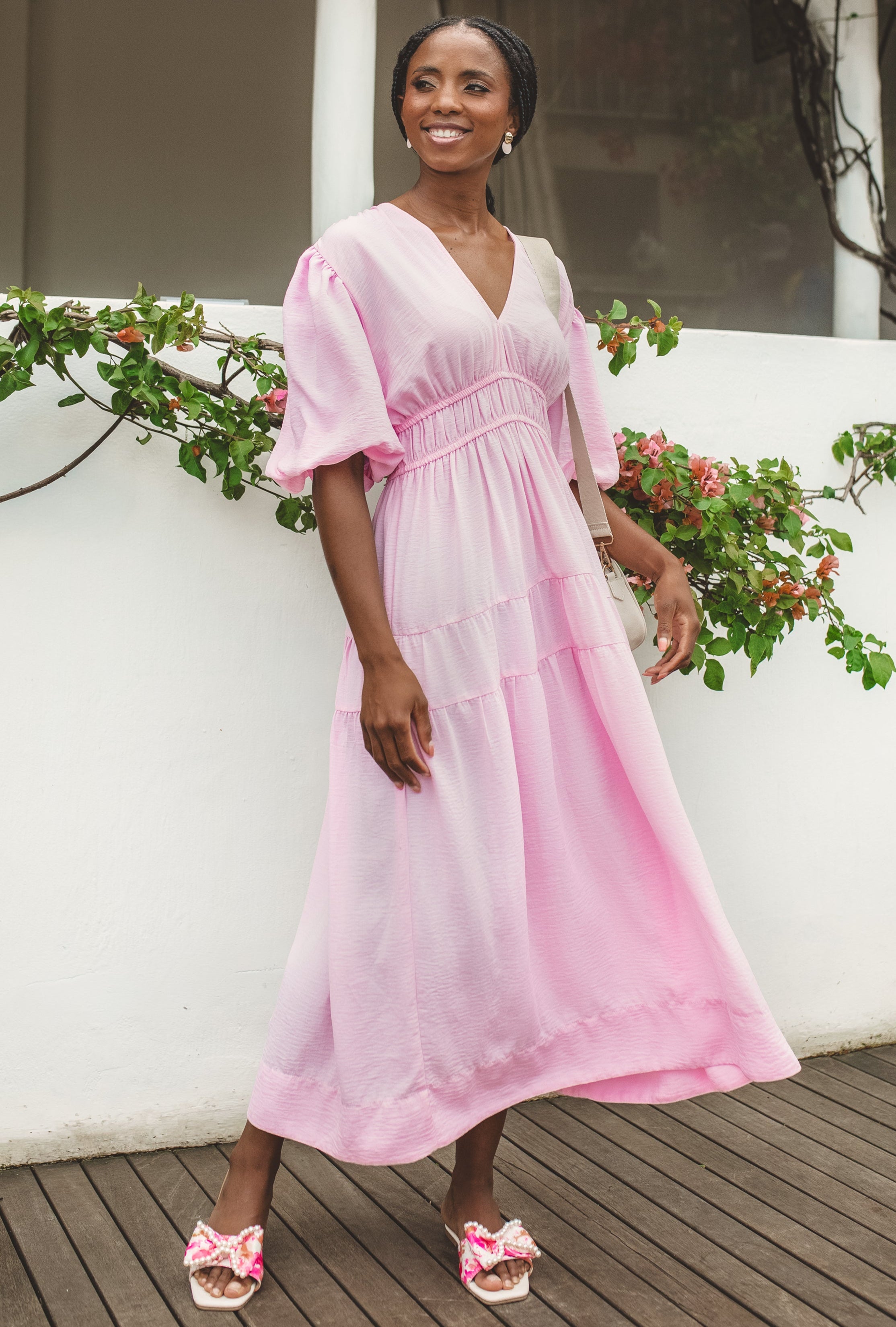 Ladies Bubble Sleeve V-Neck Tiered Midaxi Dress - Ice Pink Edgars Ladies Bubble Sleeve V-Neck Tiered Midaxi Dress - Ice Pink Edgars