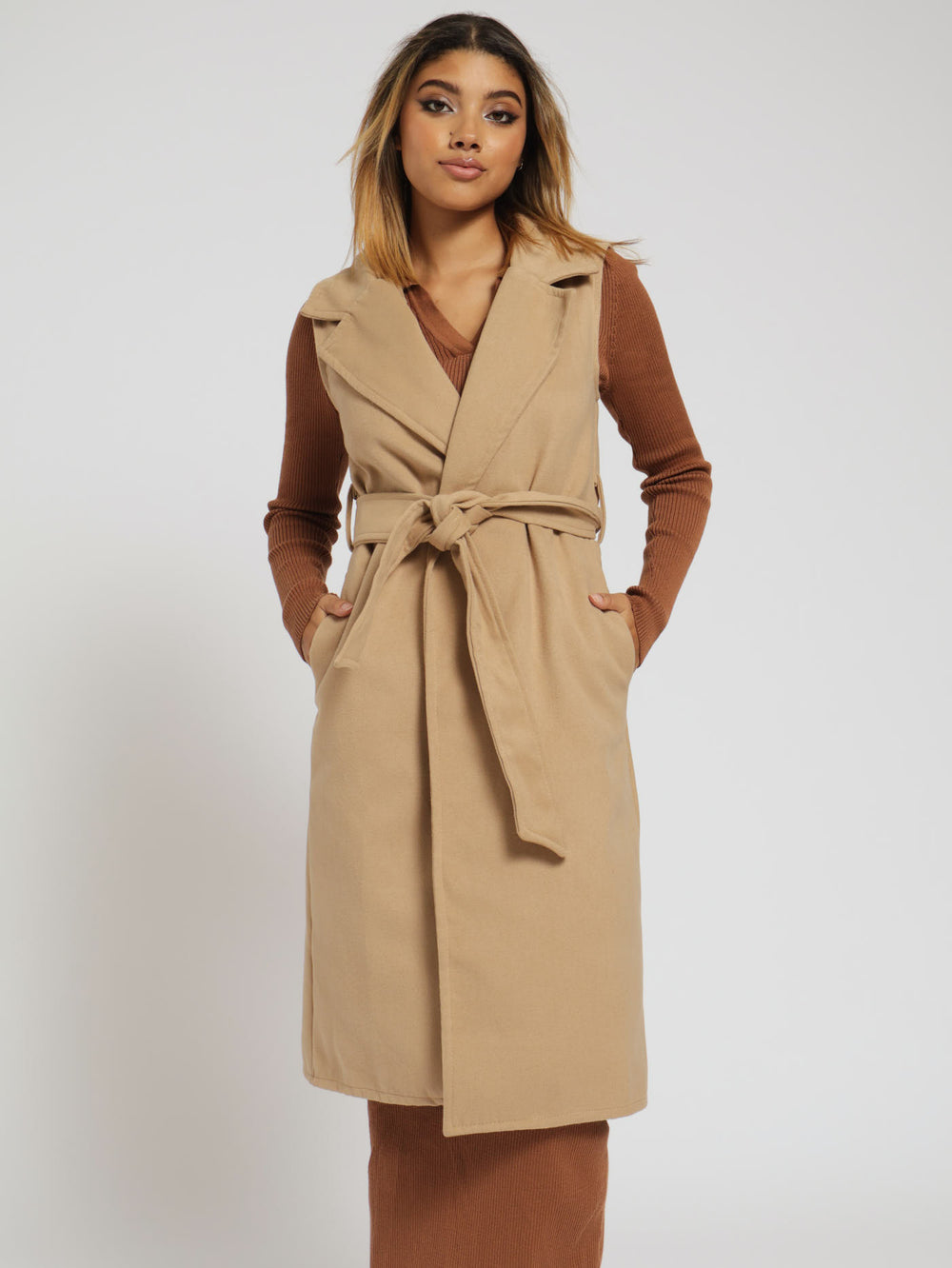Ladies Sleeveless Belted Melton Long Length Coat Caramel