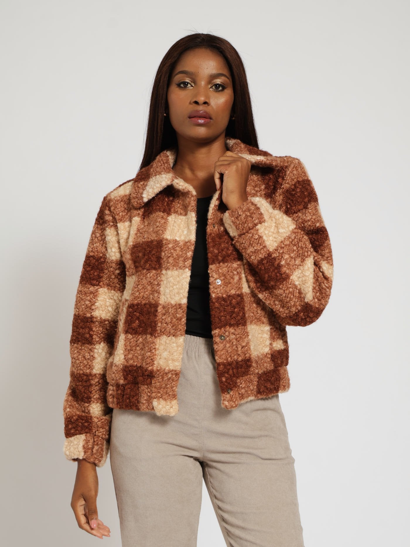 Long Sleeve Collared Check Boucle Bomber Jacket Brown/White Edgars