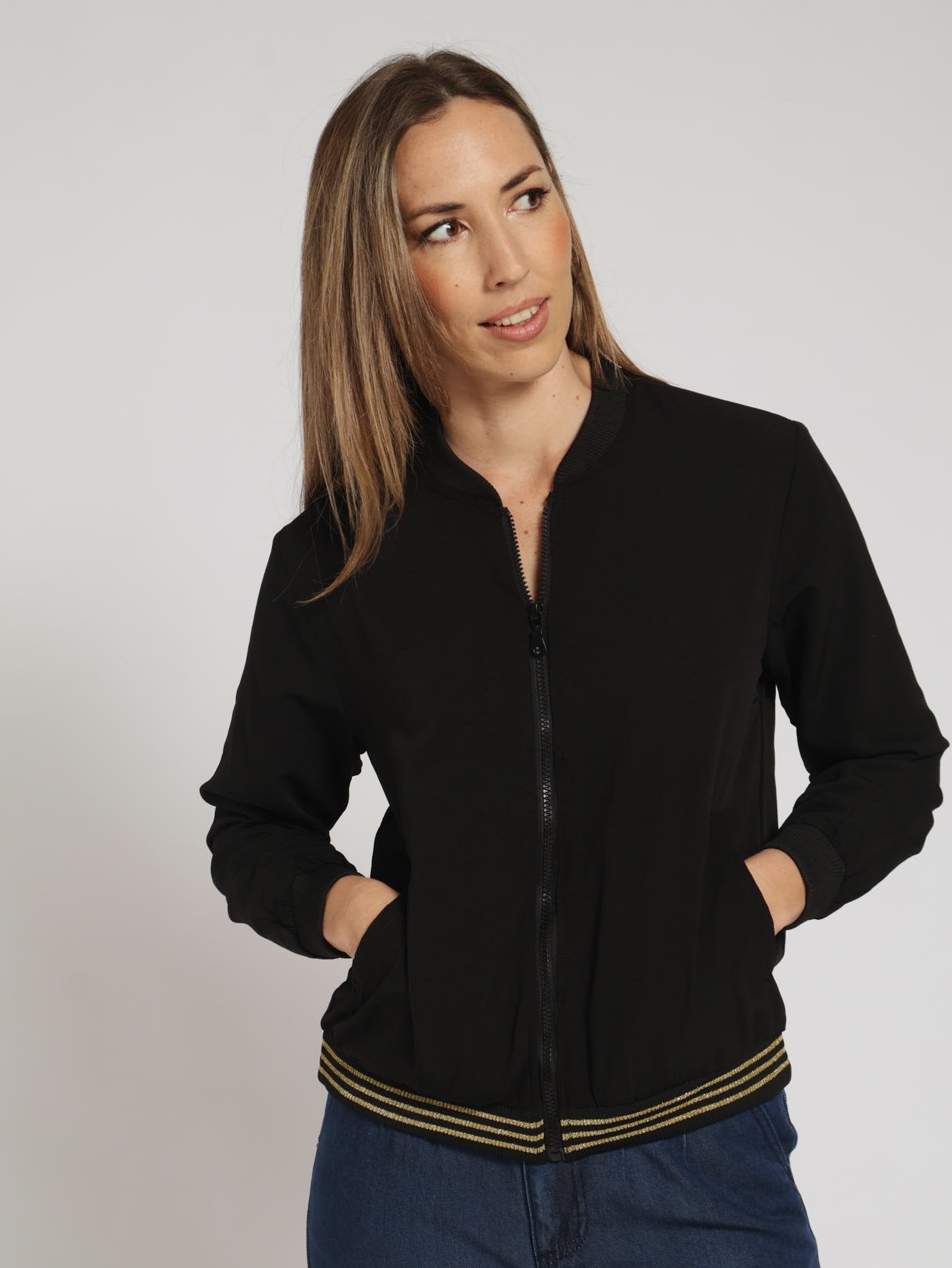 Long Sleeve Bomber Jacket With Lurex Stripe Rib Black Edgars