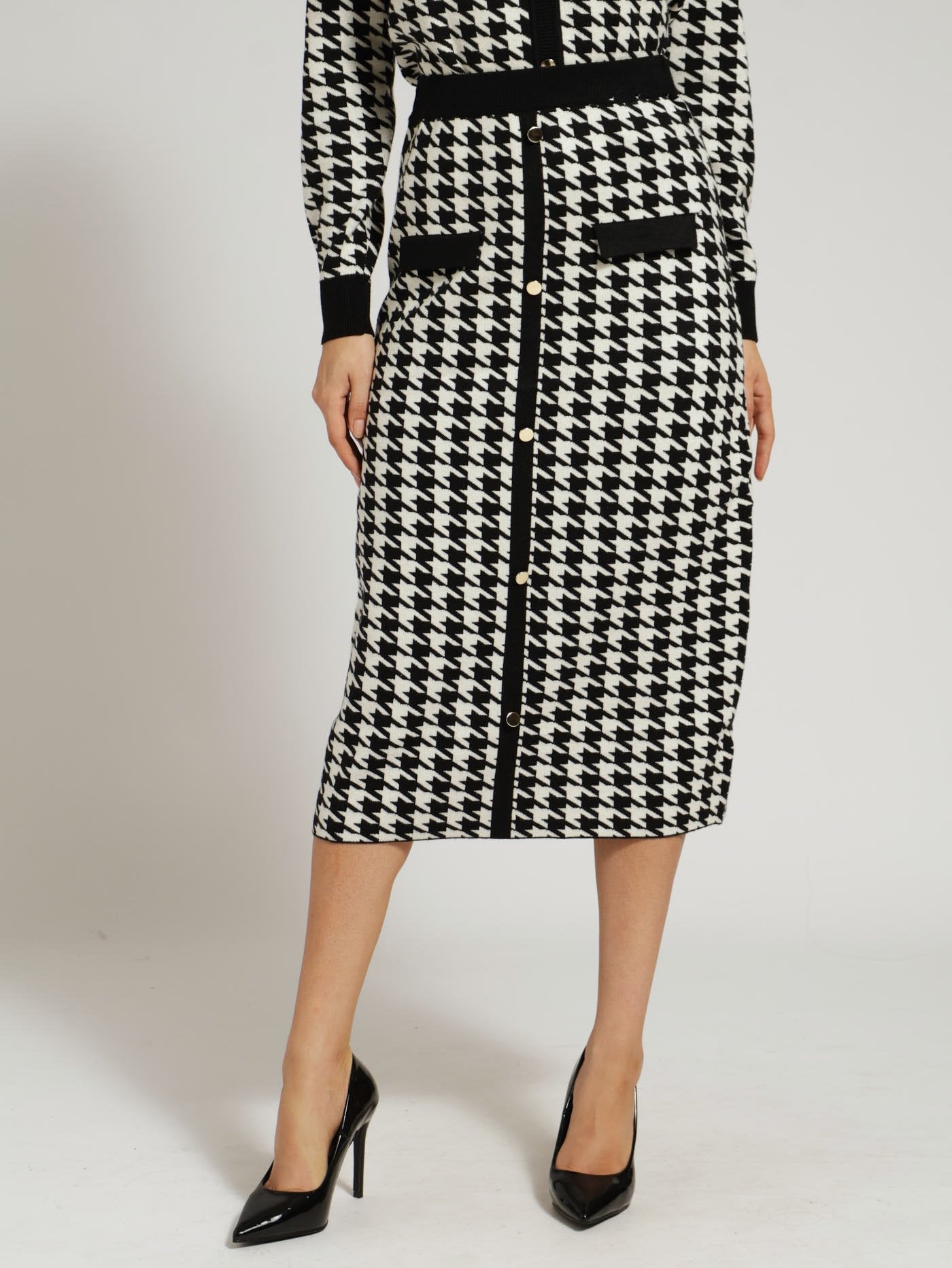 Houndstooth Knitwear Midi Skirt Black/White Edgars
