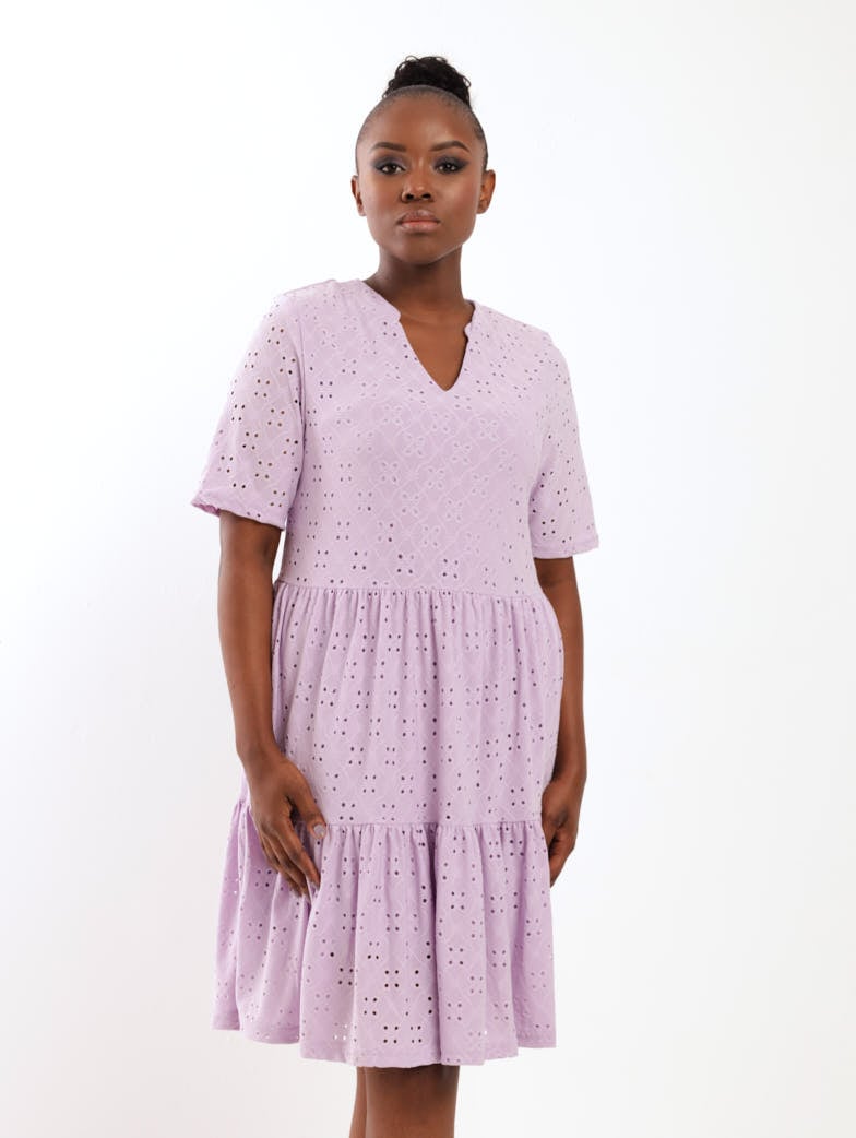 Ladies Ladies Short Sleeve Knit Anglaise Tiered Dress Lilac