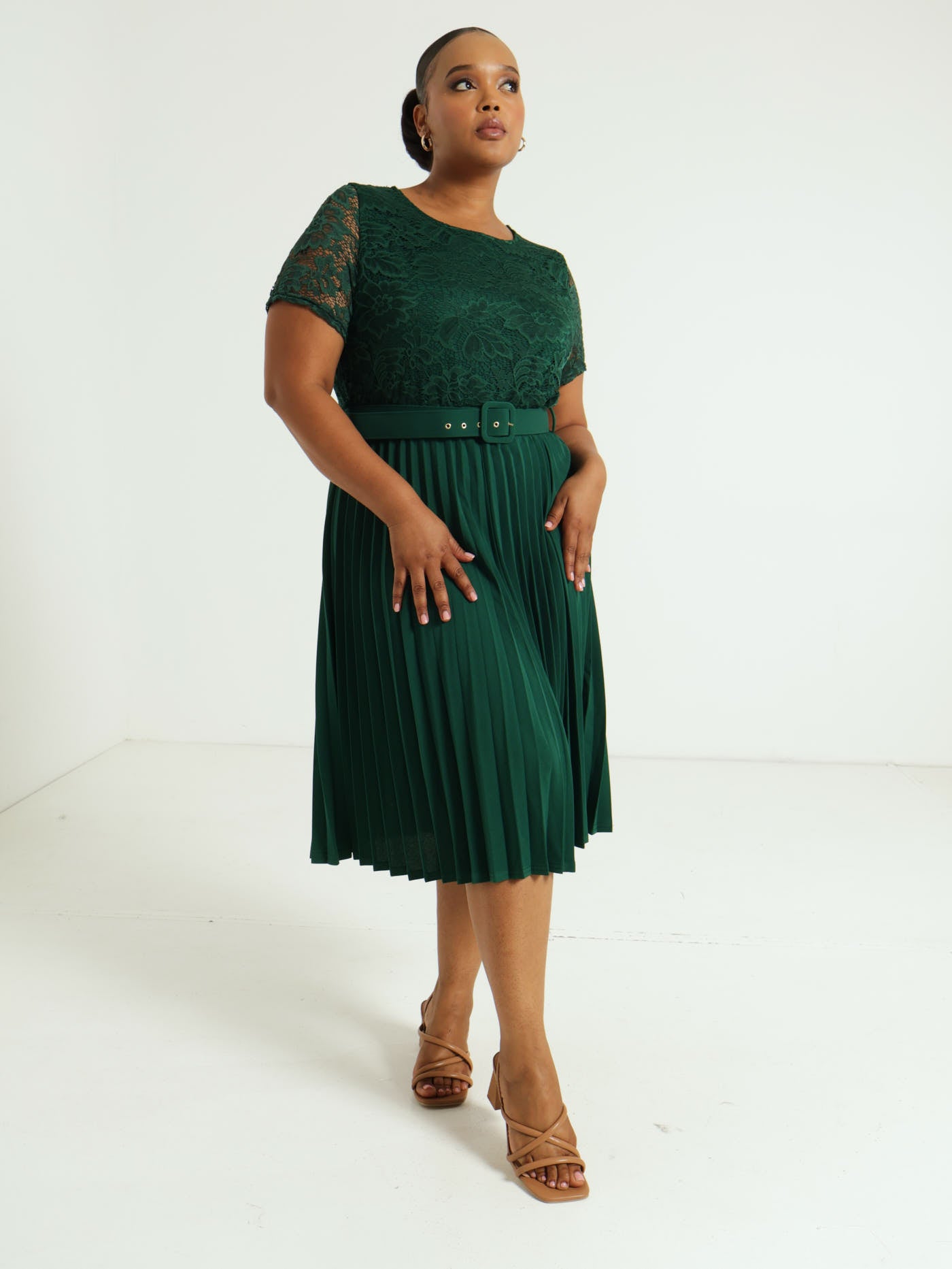 Ladies Lace Combo Pleated Dress Green