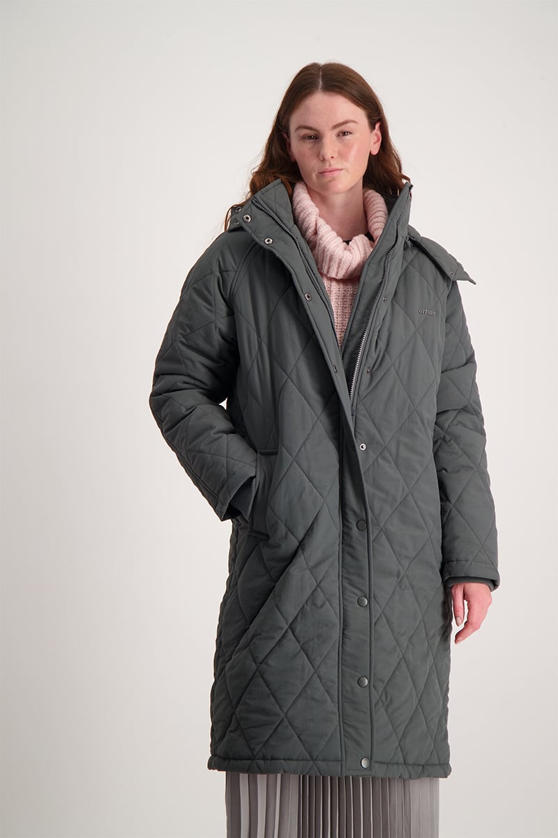 Ladies Longer Length Puffer Jacket With Reflective Print Dark
