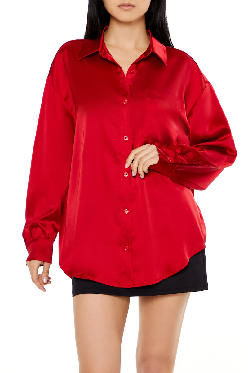 Long Sleeve Woven Button Down Top - Red