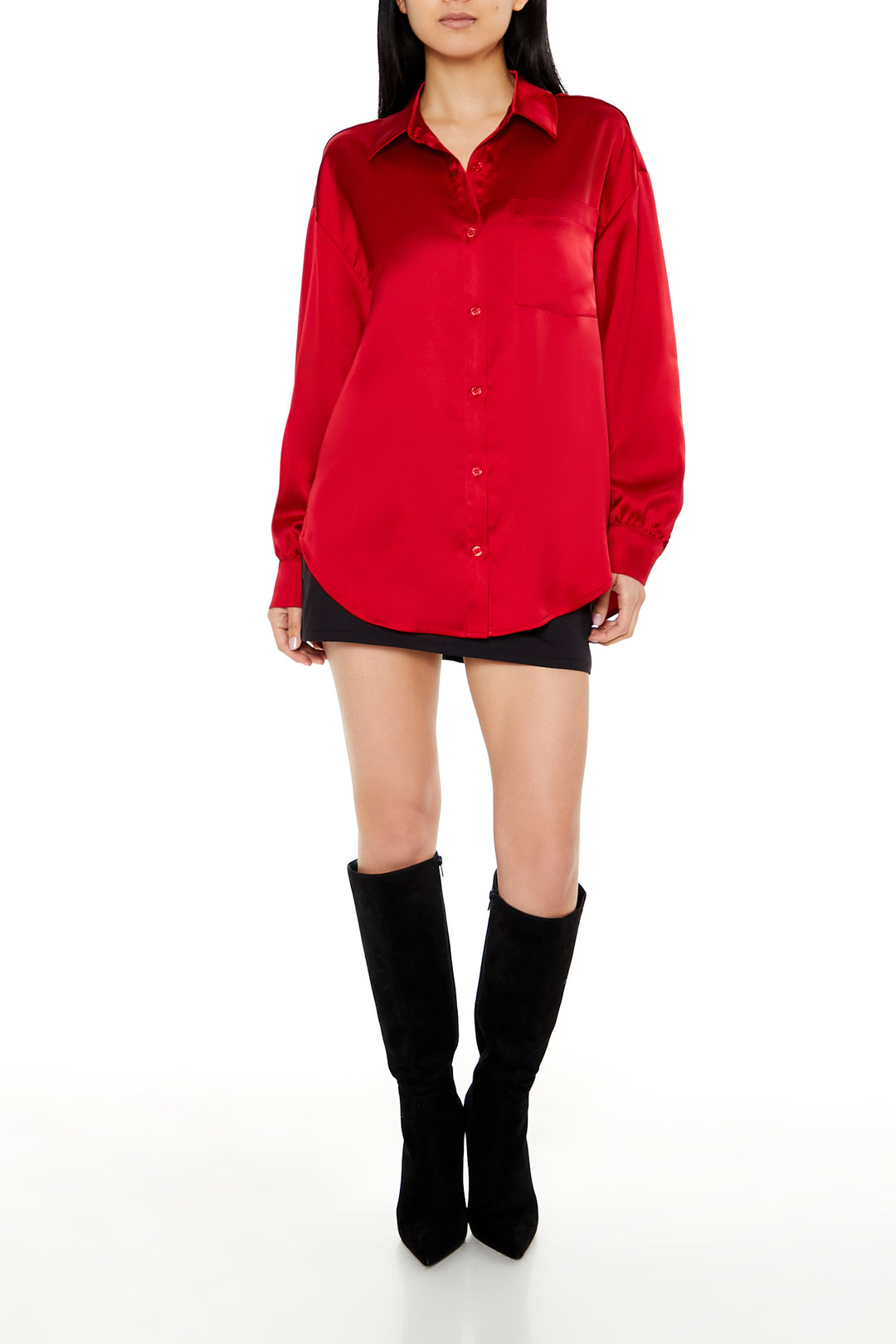 Long Sleeve Woven Button Down Top - Red
