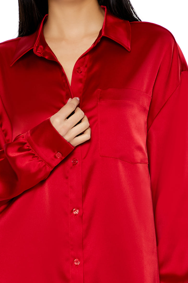 Long Sleeve Woven Button Down Top - Red