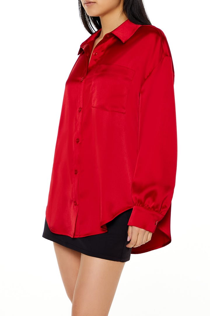 Long Sleeve Woven Button Down Top - Red