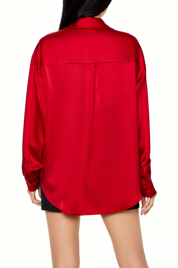 Long Sleeve Woven Button Down Top - Red