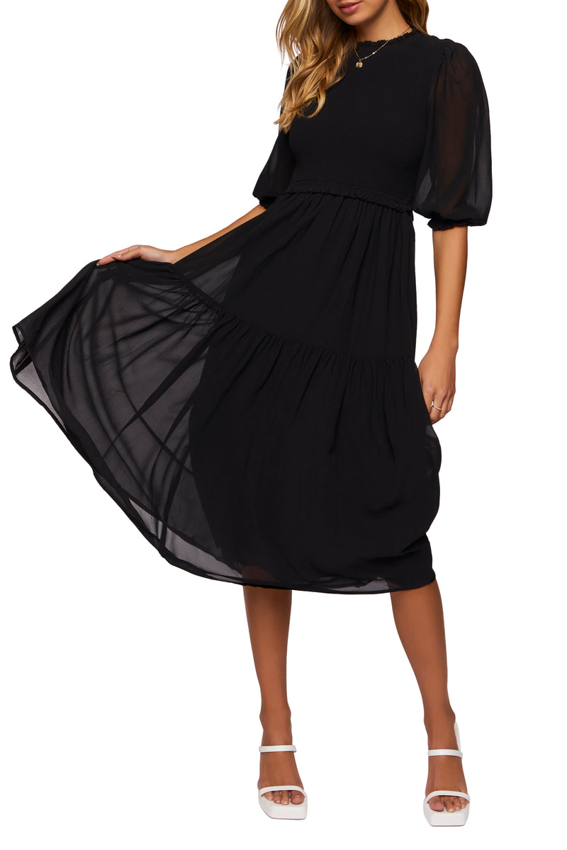 3/4 Sleeve Midi Dress - Black