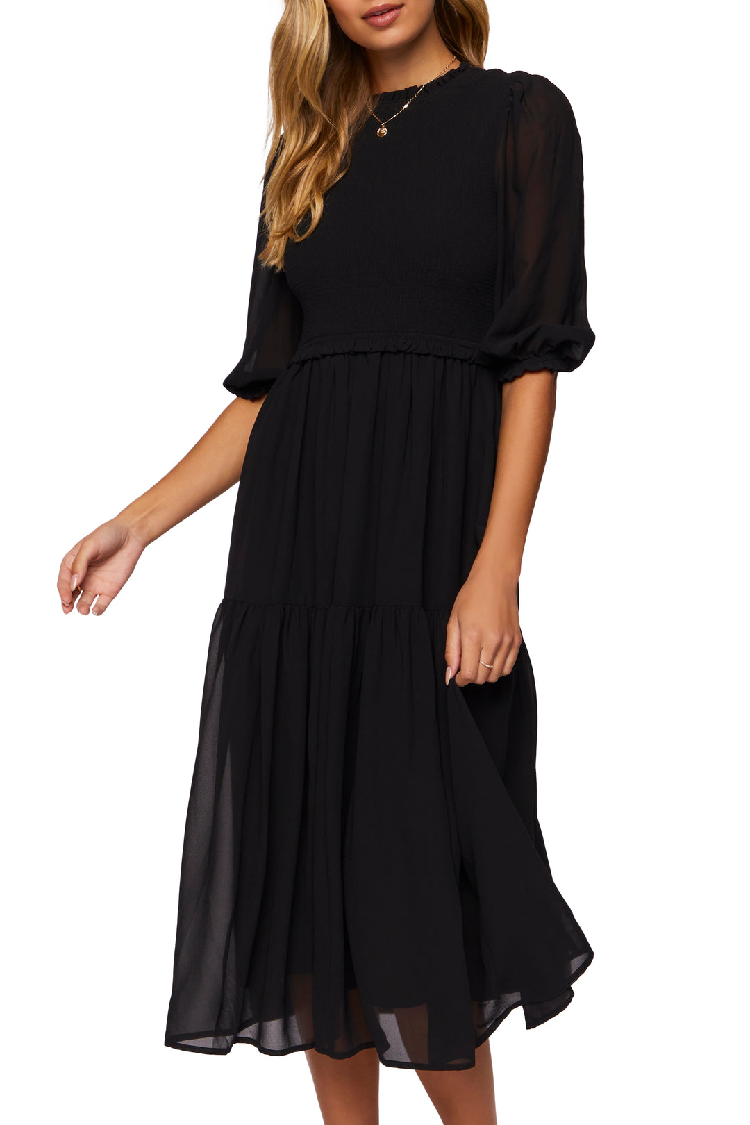 3/4 Sleeve Midi Dress - Black