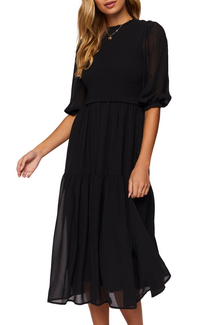 3/4 Sleeve Midi Dress - Black