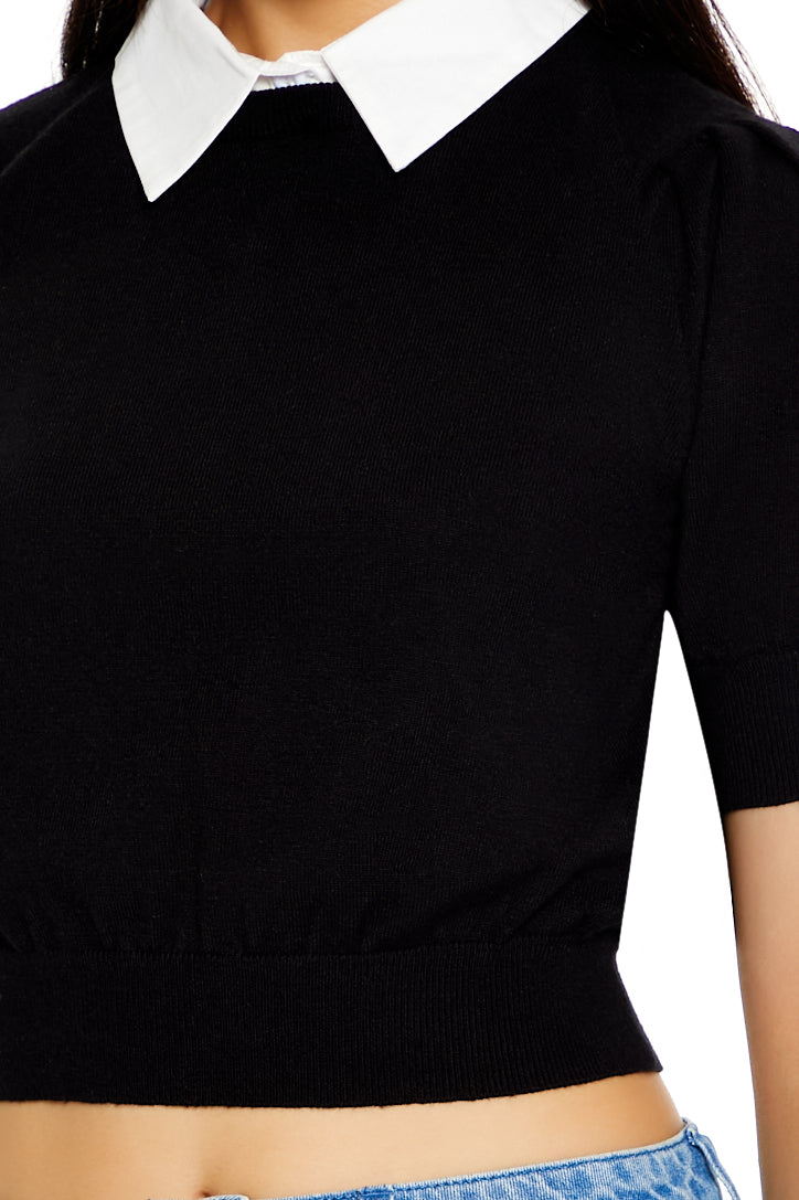 Sweater Knit Collar Crop Top - Black