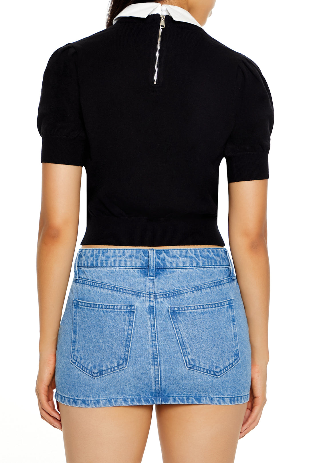 Sweater Knit Collar Crop Top - Black