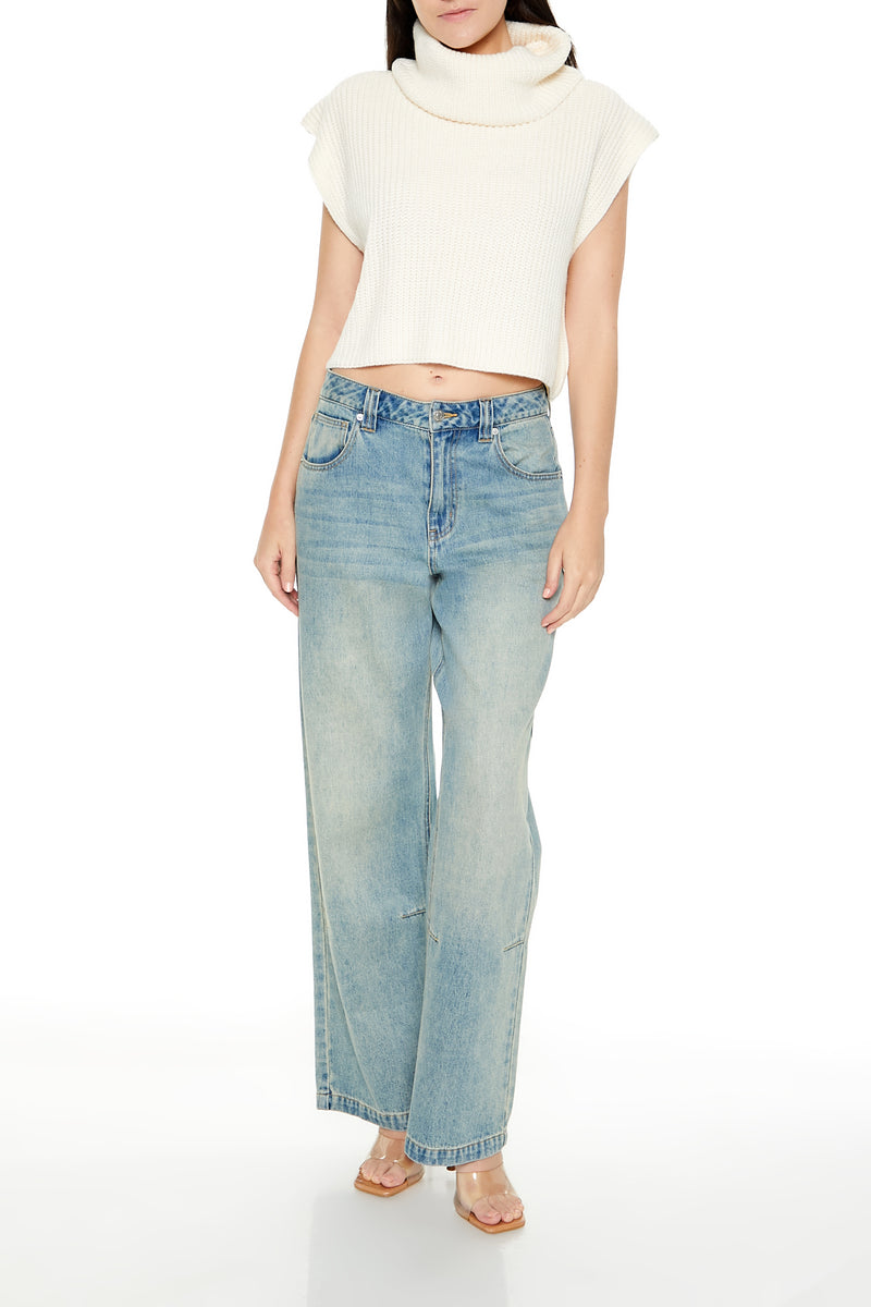 Cropped Sleeveless Turtleneck Sweater - Cream