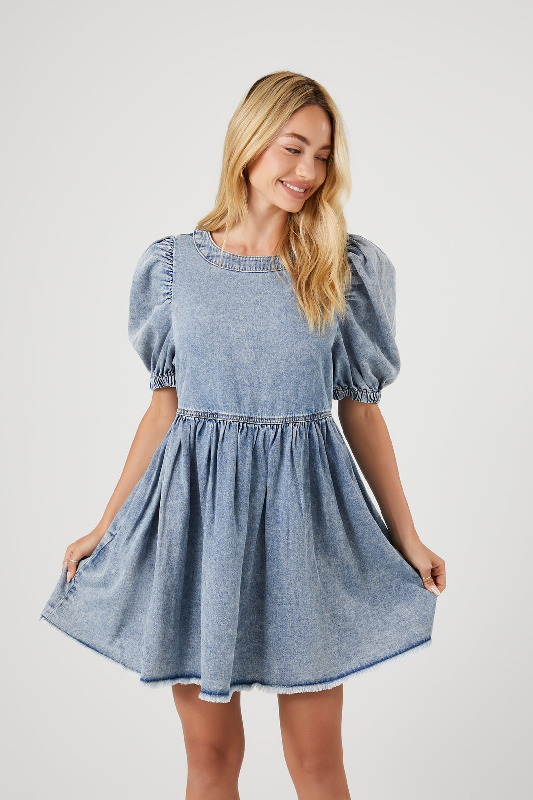 Denim Puff-Sleeve Mini Dress - Acid Wash