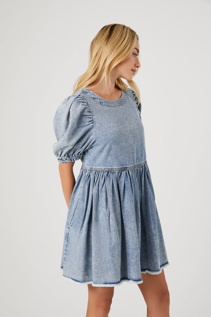 Denim Puff-Sleeve Mini Dress - Acid Wash