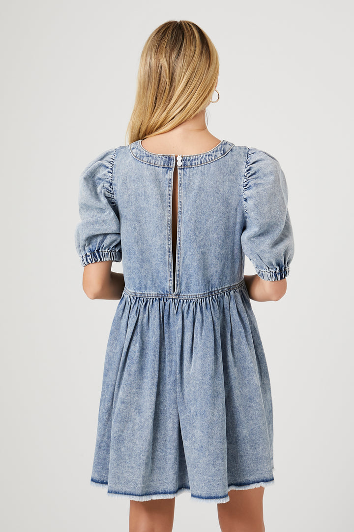 Denim Puff-Sleeve Mini Dress - Acid Wash
