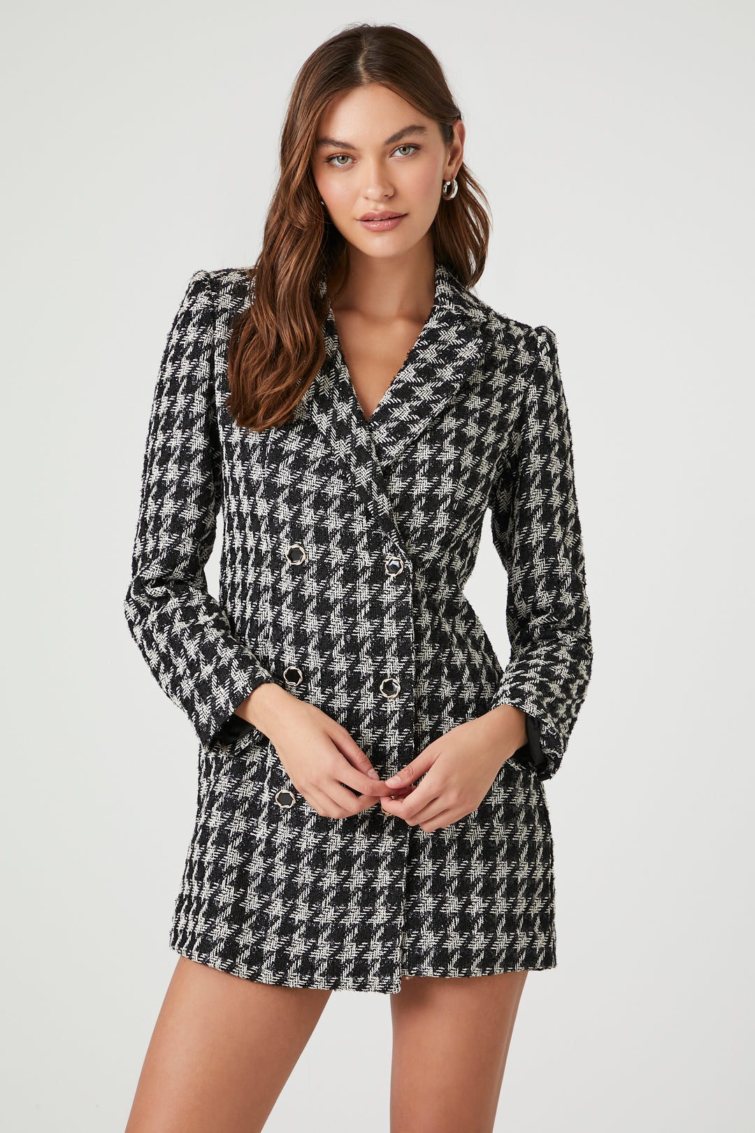 Tweed Houndstooth Print Mini Dress - Black/White