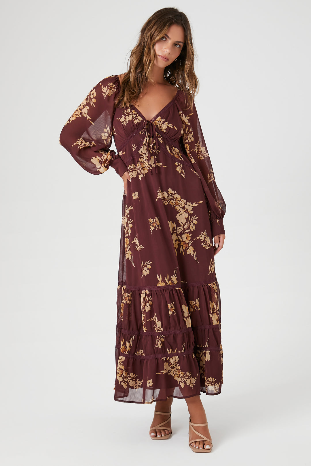 Chiffon Floral Print Midi Dress - Wine