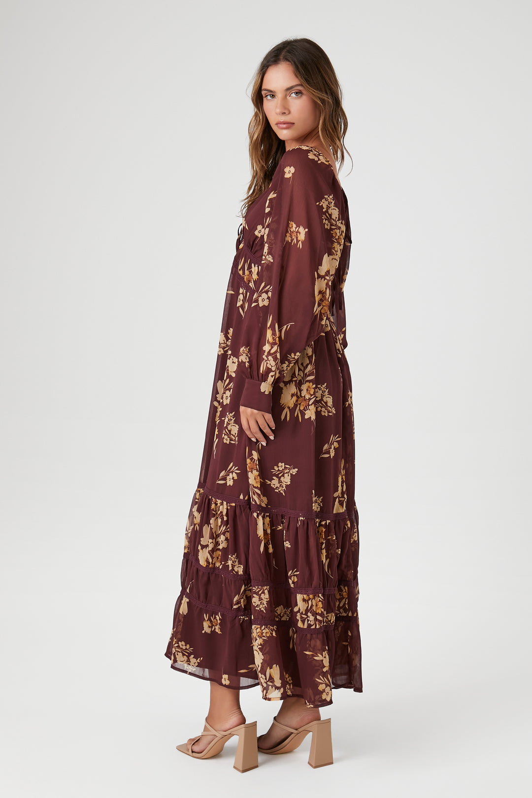 Chiffon Floral Print Midi Dress - Wine