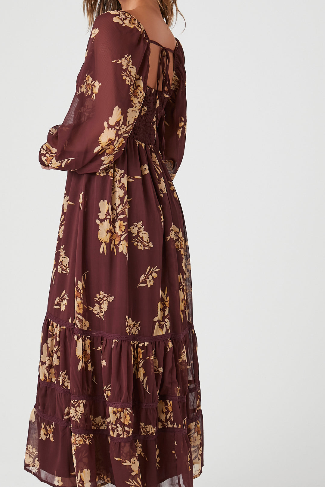 Chiffon Floral Print Midi Dress - Wine