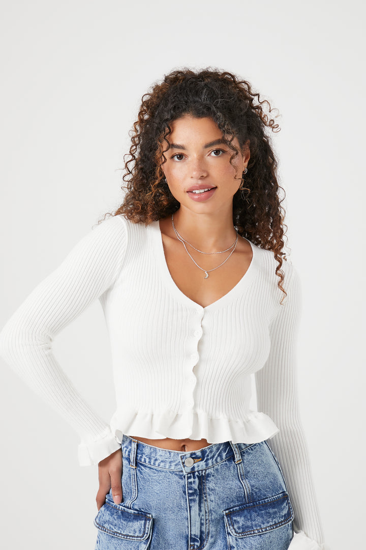 Ruffle Trim Cropped Cardigan Sweater - Vanilla
