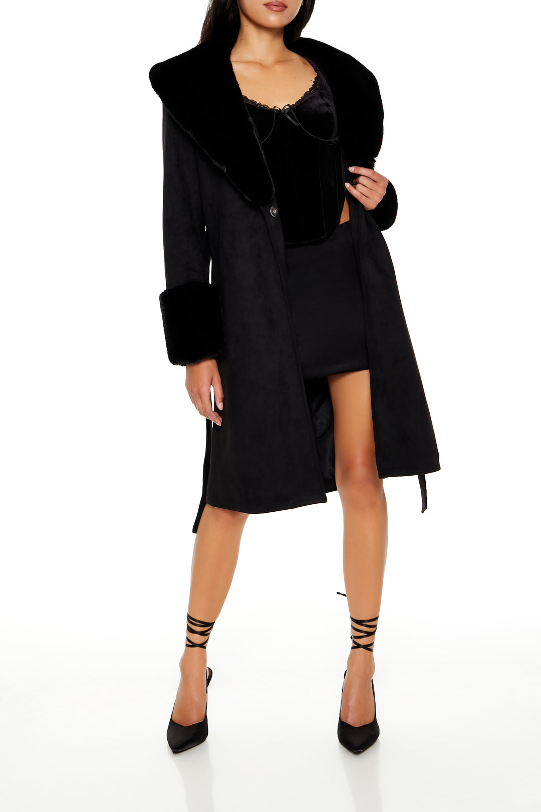 Faux Fur-Trim Faux Suede Trench Coat - Black